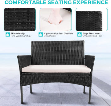 4ピースのウィッカー製屋外パティオ会話用座席セット、白いクッションとコーヒーテーブル付き